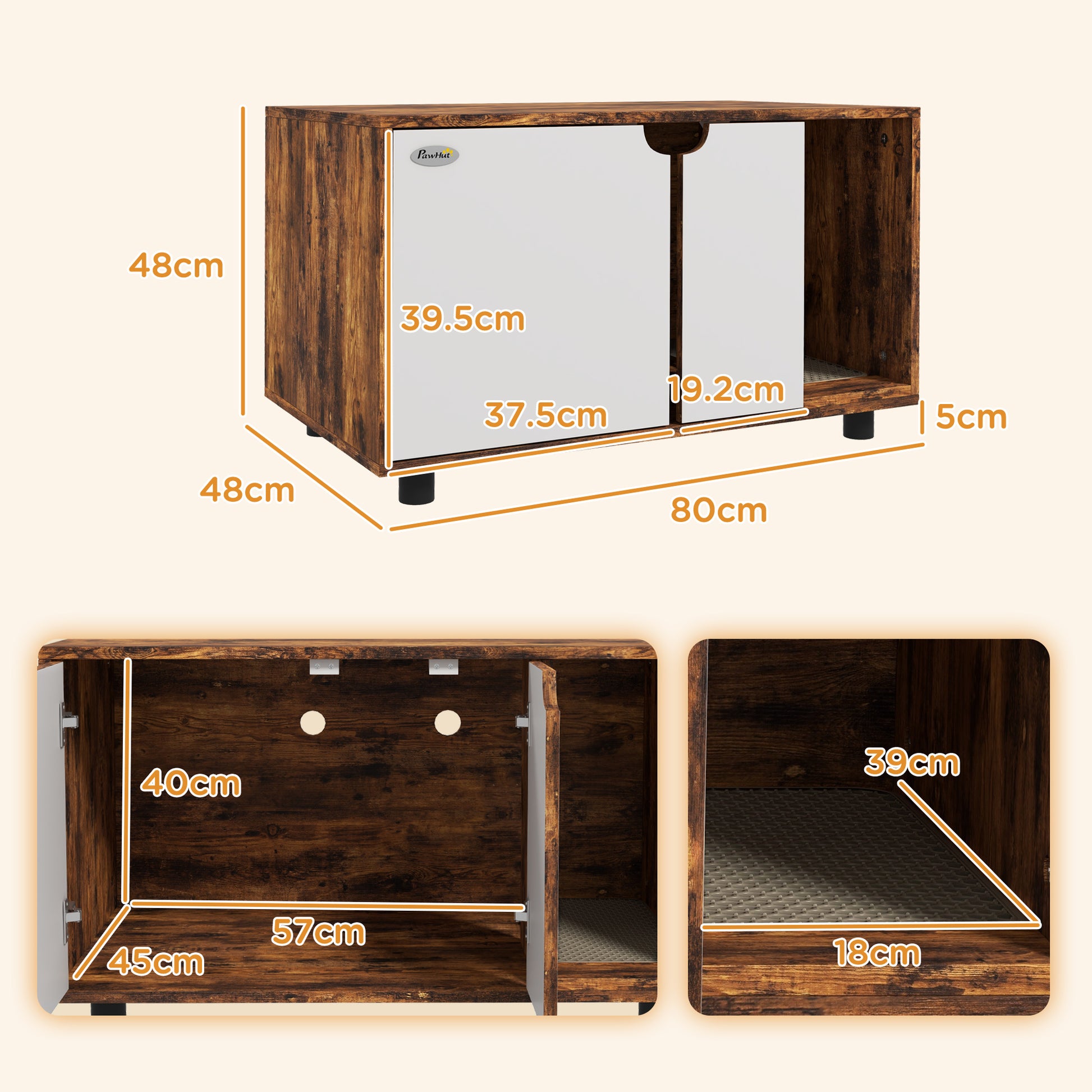  seamlessly blending with home dÃ©cor while meeting your pet's privacy needs.</li><li>Easy maintenance: Double opening doors for cleaning this cat litter house with ease. A sand drain pad at the entrance