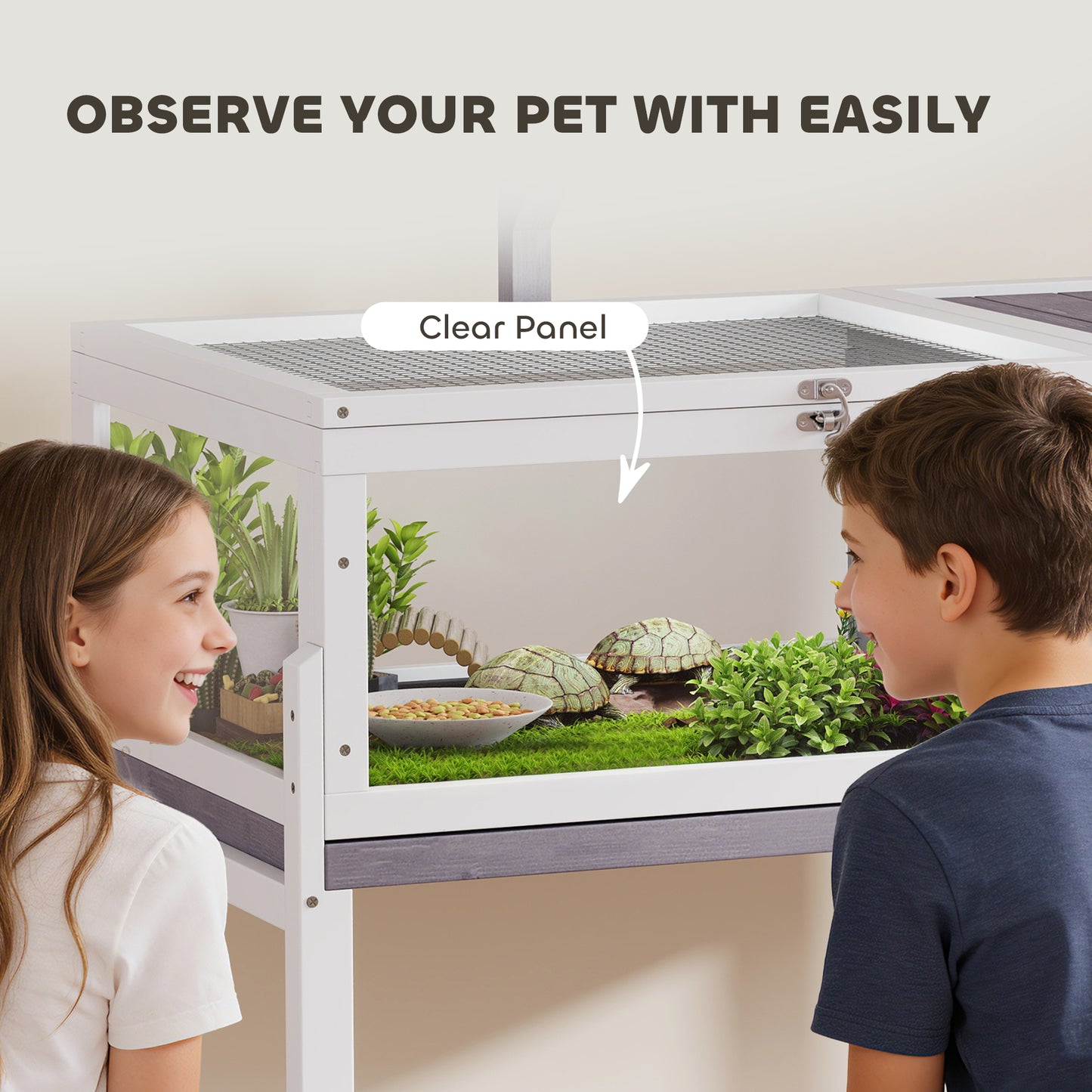 PawHut Wooden Tortoise Cage with Dual-Zone Habitat, Clear Panels, Openable Top, Metal Mesh, for Tortoises and Small Pets, Grey