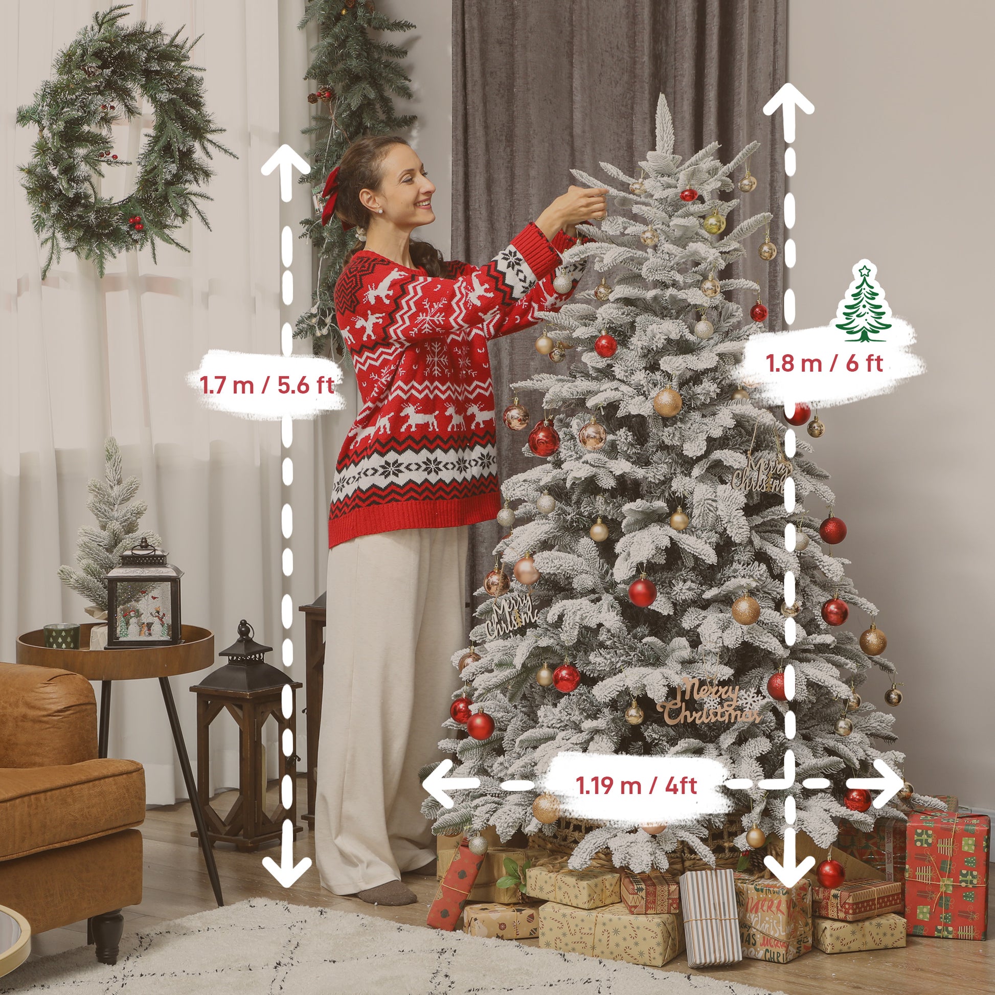 HOMCOM 6 ft Artificial Flocked Christmas Tree with 1182 Branches, Hinged Xmas Tree with Foldable Metal Stand, Easy Assembly for Home Office Decor