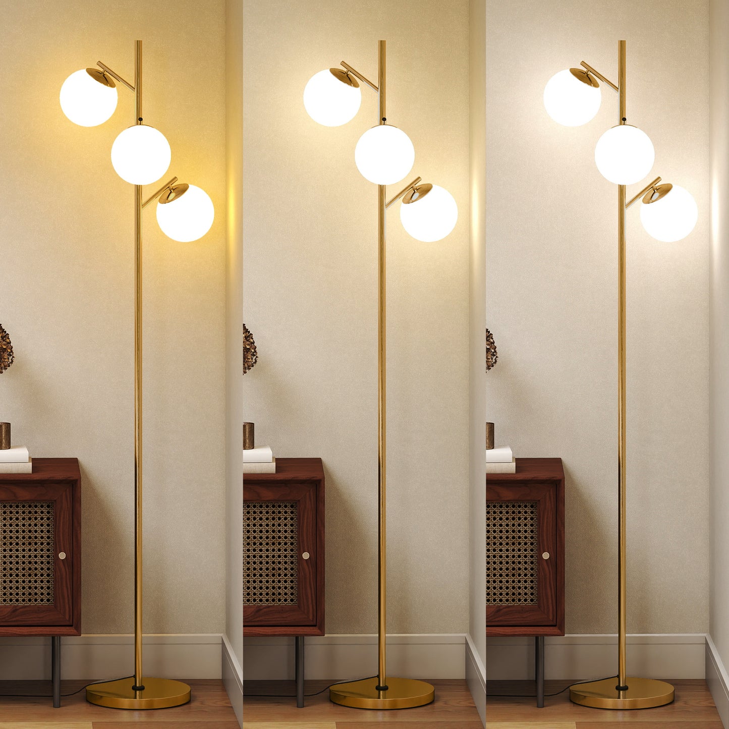 HOMCOM 3-Light Tree Floor Lamps for Living Room, Modern Standing Lamp for Bedroom with Globe Lampshade, 3000K/4000K/6000K Colour Temperatures, Steel Base, Gold Tone