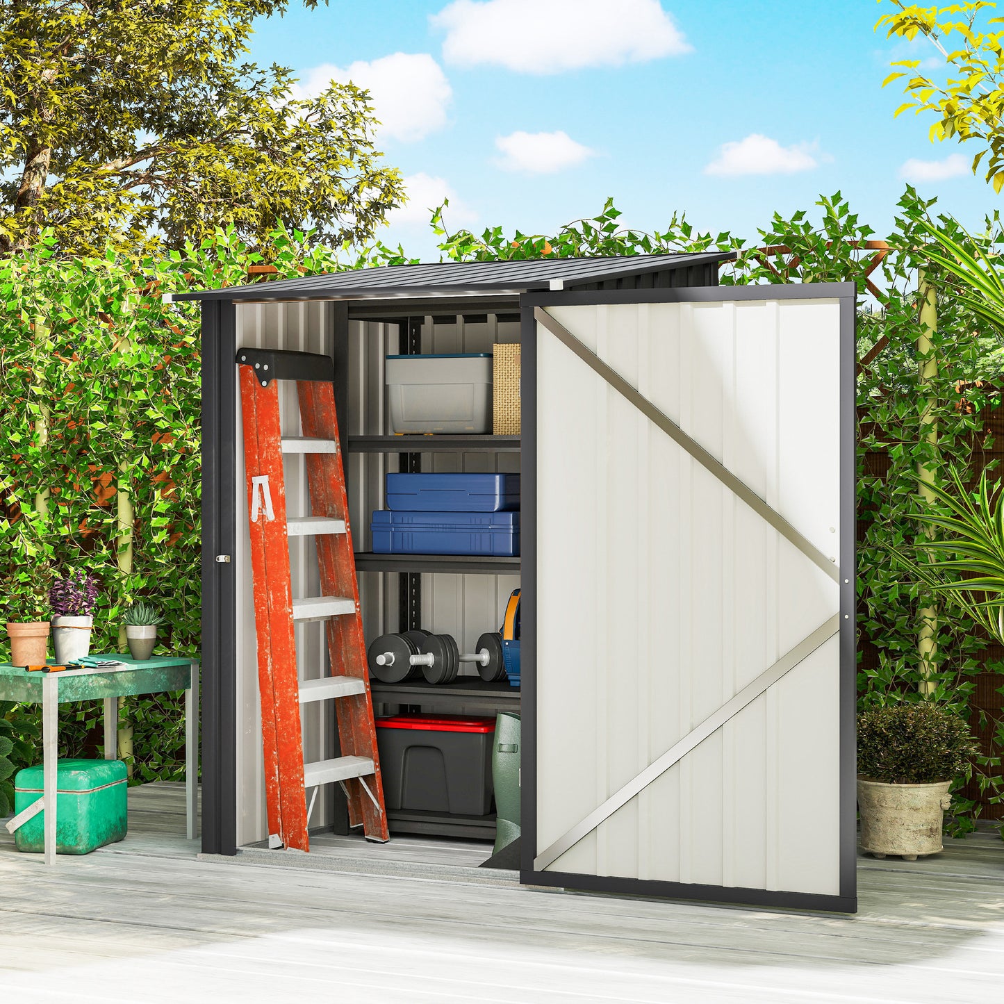 Outsunny 3.3 x 3.4ft Lean To Steel Garden Shed, with Locking Door - Dark Grey