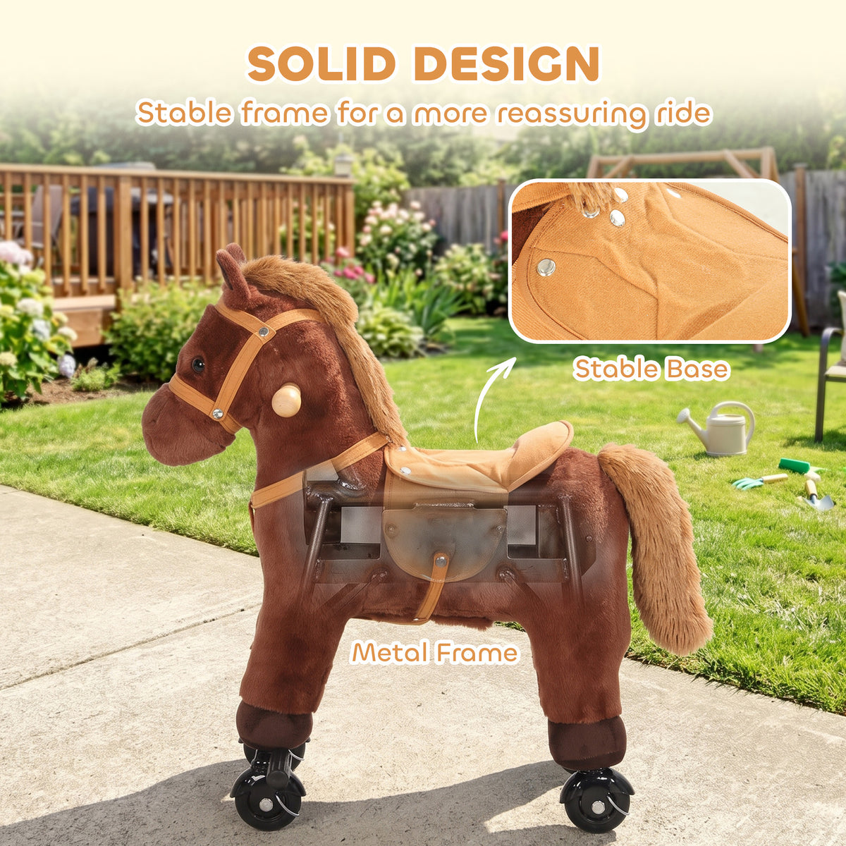 AIYAPLAY Rocking Horse, Plush Ride On Horse with Hoof and Neighing, Rolling Wheels and Pedal for 3-8 Y, Up to 50kg, Dark Brown
