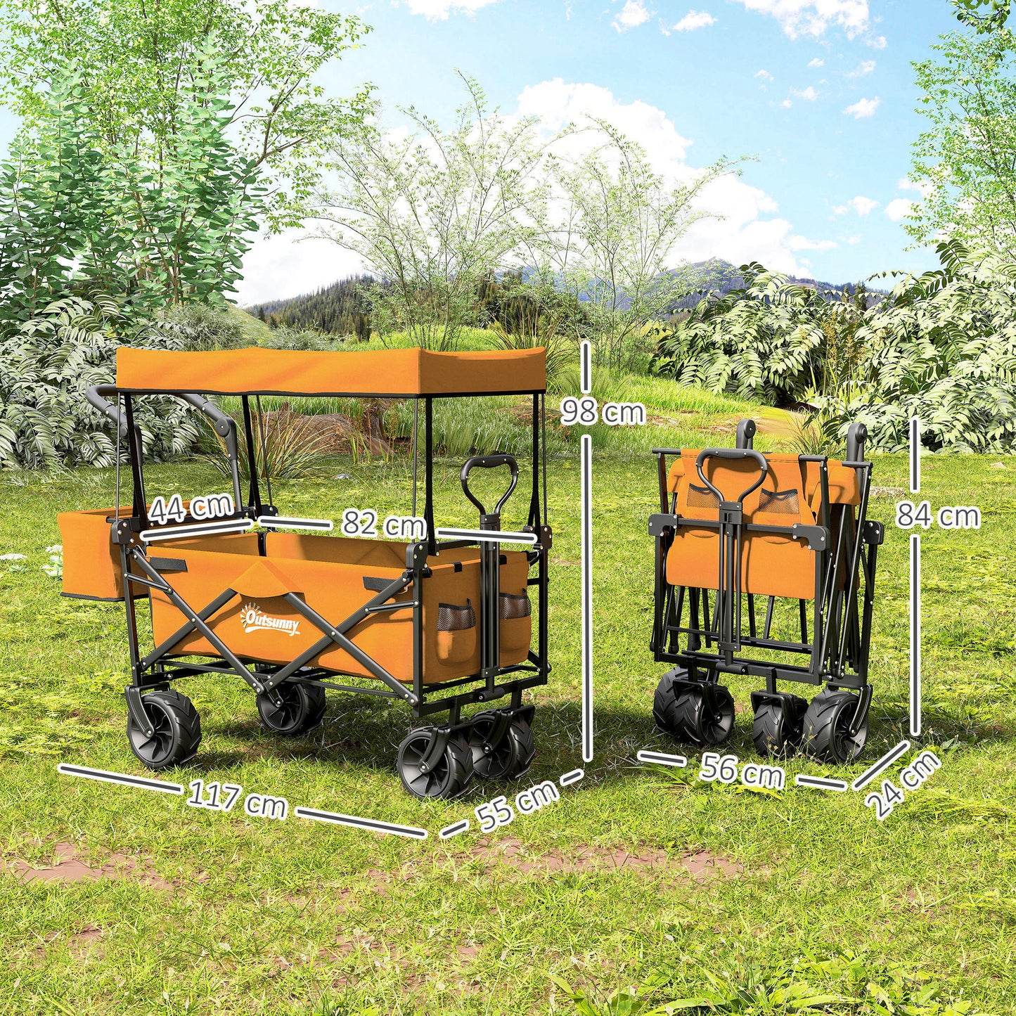 Outsunny 120L Festival Trolley on Wheels, Folding Camping Trolley Cart with Removable Canopy, All-Terrain Wheels, Adjustable Handle, Push or Pull for Garden Beach Fishing Shopping, Orange