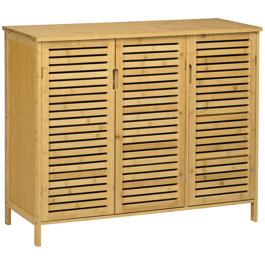 HOMCOM Rustic Shoe Cabinet, 3 Door Shoe Storage Cabinet with 8 Shelves, Natural Wood Finish