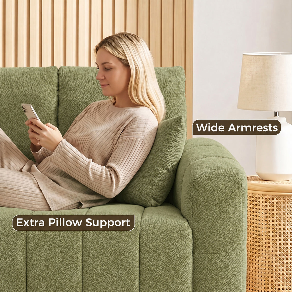HOMCOM 2 Seater Sofa, Upholstered Velvet Small Couch for Bedroom with Pillows, Modern Sofa Settee with Padded Cushion and Wood Legs for Living Room, Green