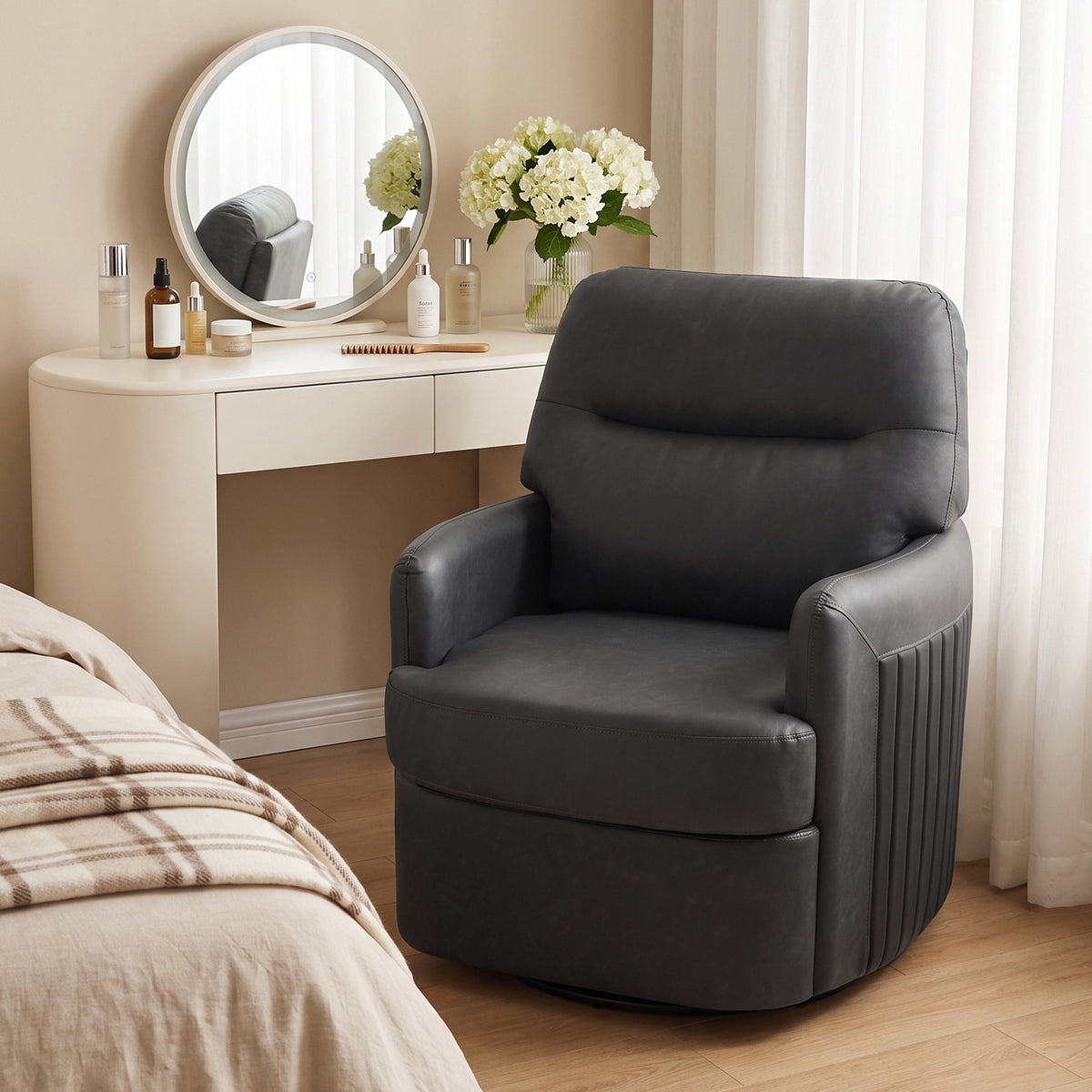 HOMCOM 360Â° Swivel Accent Chair, Modern Armchair with Thick Cushion, PU Leather Upholstered, Dark Grey