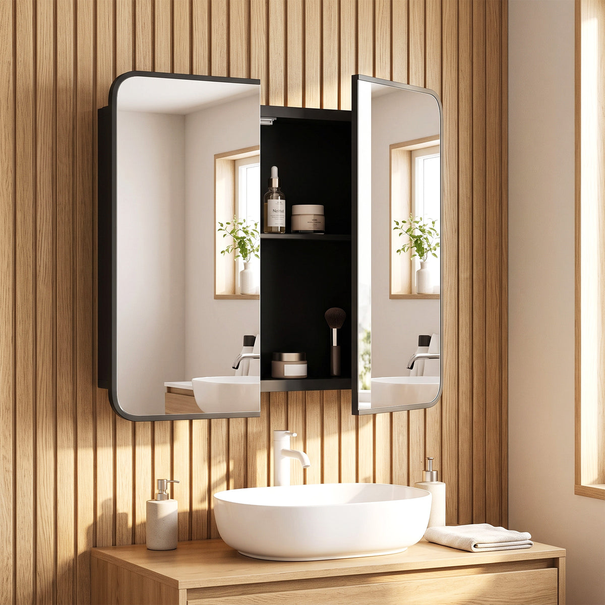 HOMCOM Bathroom Medicine Mirror Cabinet, Bathroom Wall Cabinet with Storage, Magnetic Doors and Adjustable Shelf, Black