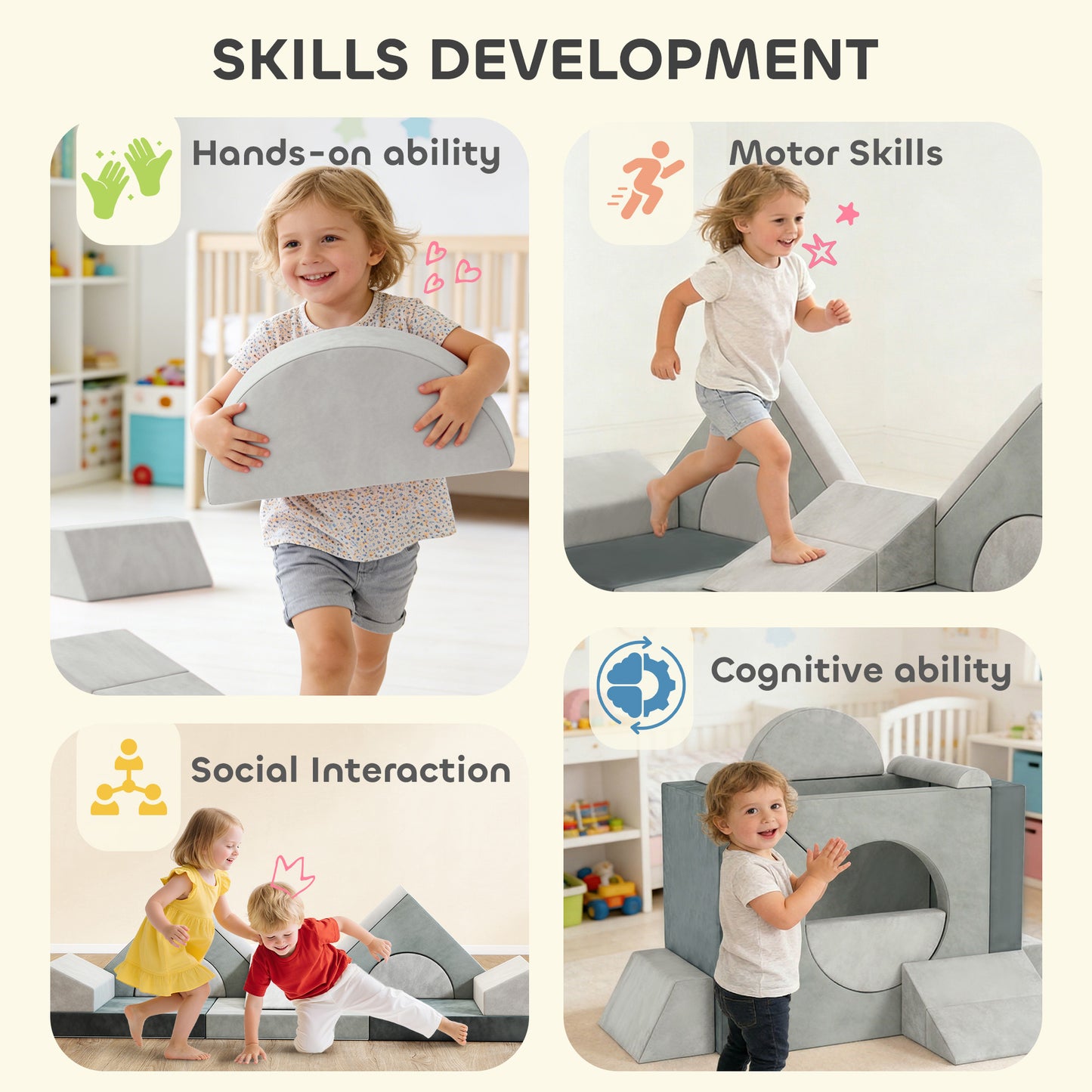 AIYAPLAY Kids Play Sofa, 12 Pieces Foam Modular Soft Play Set for Playroom, Children Convertible Sofa for Boys and Girls, Grey
