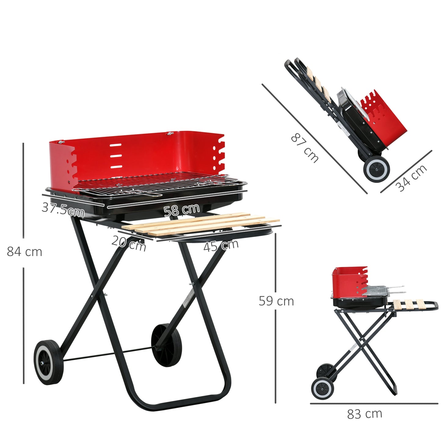 Outsunny Charcoal Trolley BBQ Barbecue Grill Patio Camping Picnic Garden Party Outdoor Cooking with Windshield and Wheels Side Trays, Black/Red