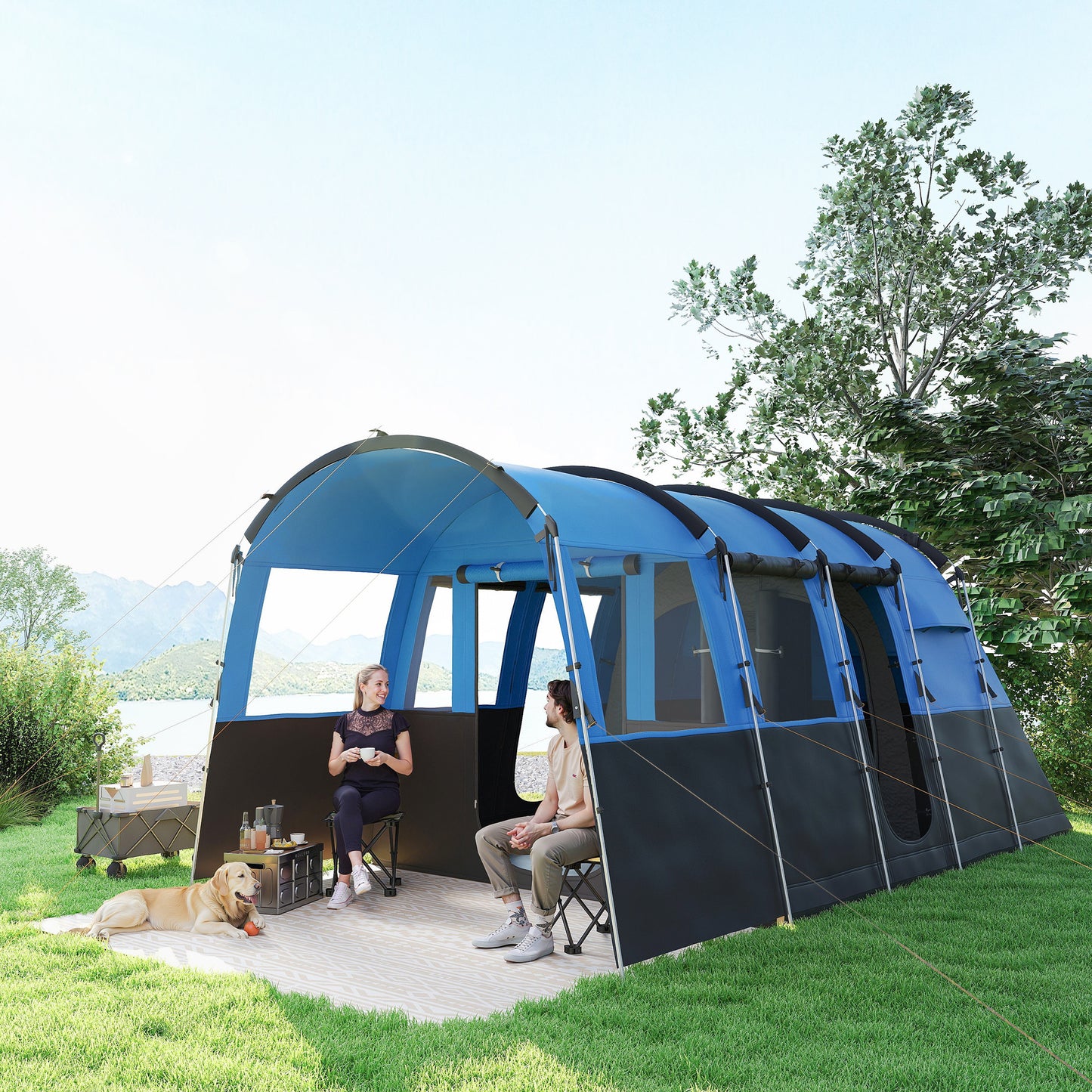 Outsunny 4-Person Camping Tent, Waterproof Family Tent, Tunnel Design, 4 Large Windows, Sleeping Cabins 3000mm Water Column Blue