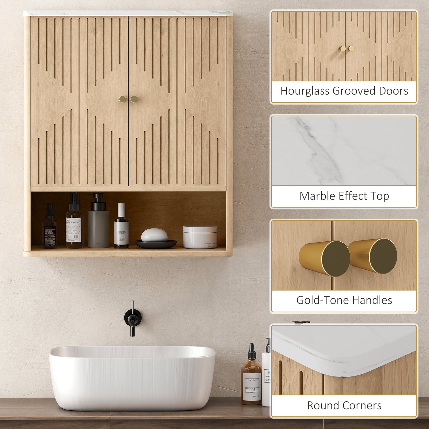 HOMCOM Bathroom Wall Cabinet with Adjustable Shelf - Oak