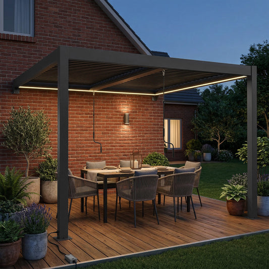 Outsunny 3 x 3 m Louvered Pergola with LED Lights, Metal Louvres, Wall Mounted Aluminium Patio Gazebo Pergola, Dark Grey