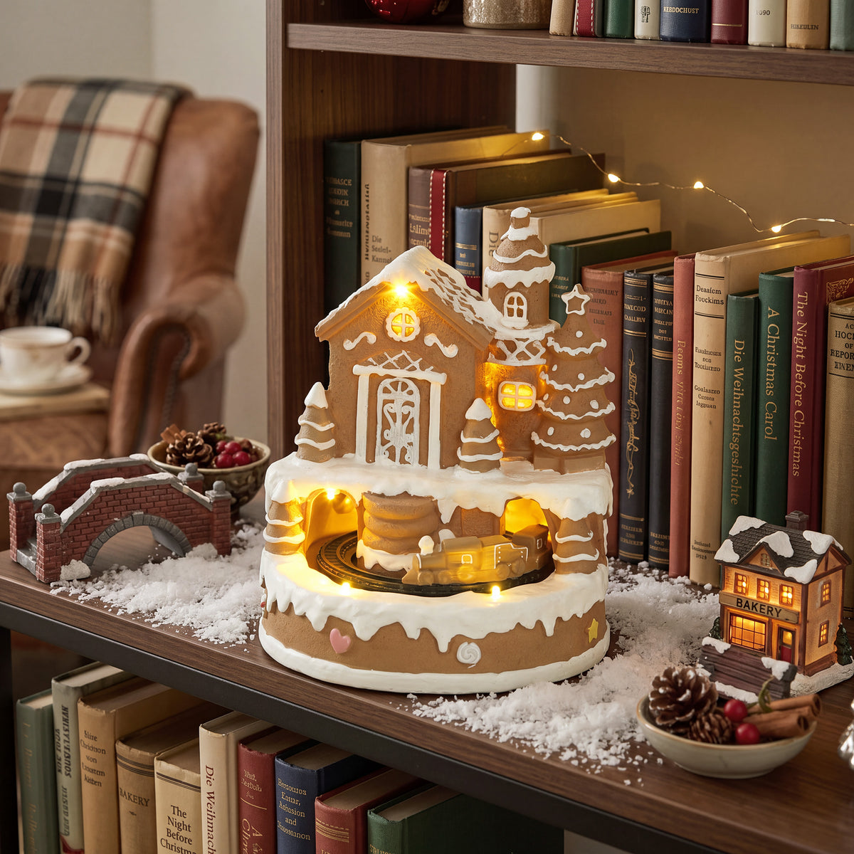 HOMCOM Christmas Gingerbread House, Lighted Musical Snow Village with Rotating Train, LEDs, Tunes, Battery Operated