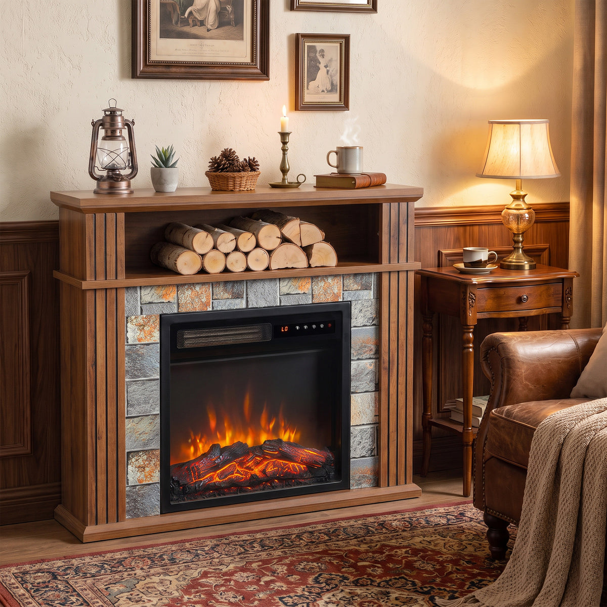 HOMCOM Freestanding Electric Fireplace Suite, 1800W, Open Shelf, Electric Fire and Surround with LED Flame, Remote, Grey