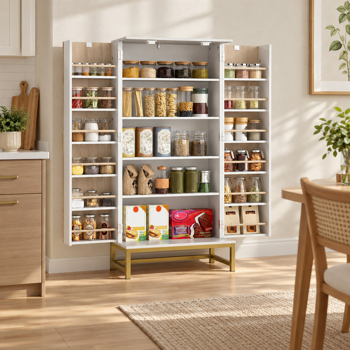 HOMCOM 119.5 cm Kitchen Cupboard, Freestanding Kitchen Cabinet with Double Doors, 5 Tiers, 12 Spice Racks, White