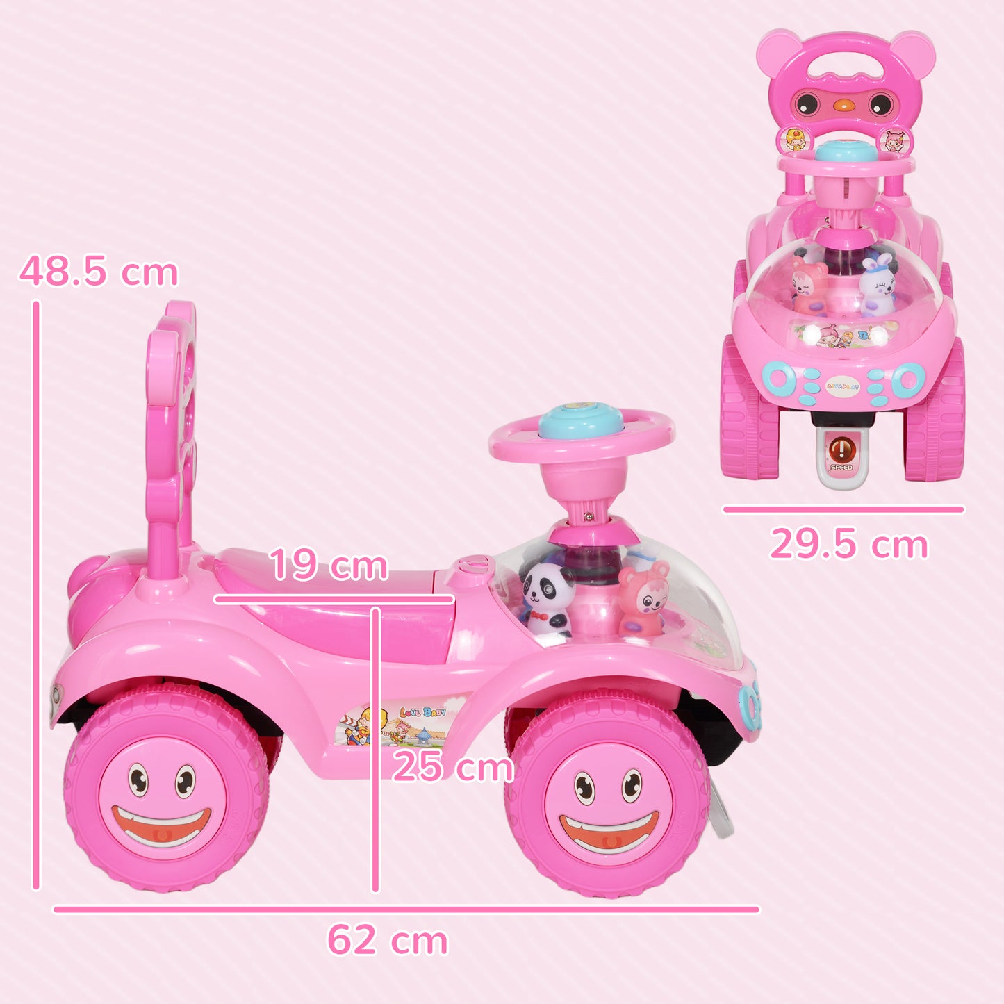 AIYAPLAY Foot to Floor toddler Ride on Toy w/ Music, Light, Horn, Under Seat Storage, Anti-Over-Backwards Device, Pink