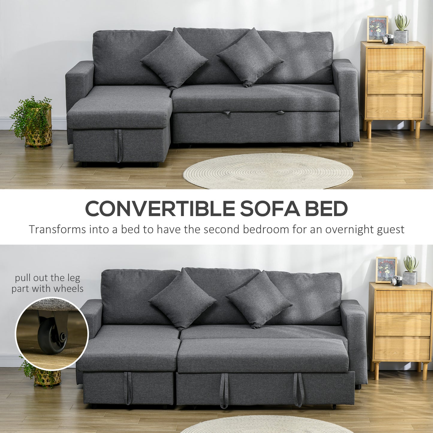 HOMCOM Corner Sofa Bed with Storage, 3 Seater Pull Out Sofa Bed, Pre-Assembled & Delivered to Your Home, Dark Grey