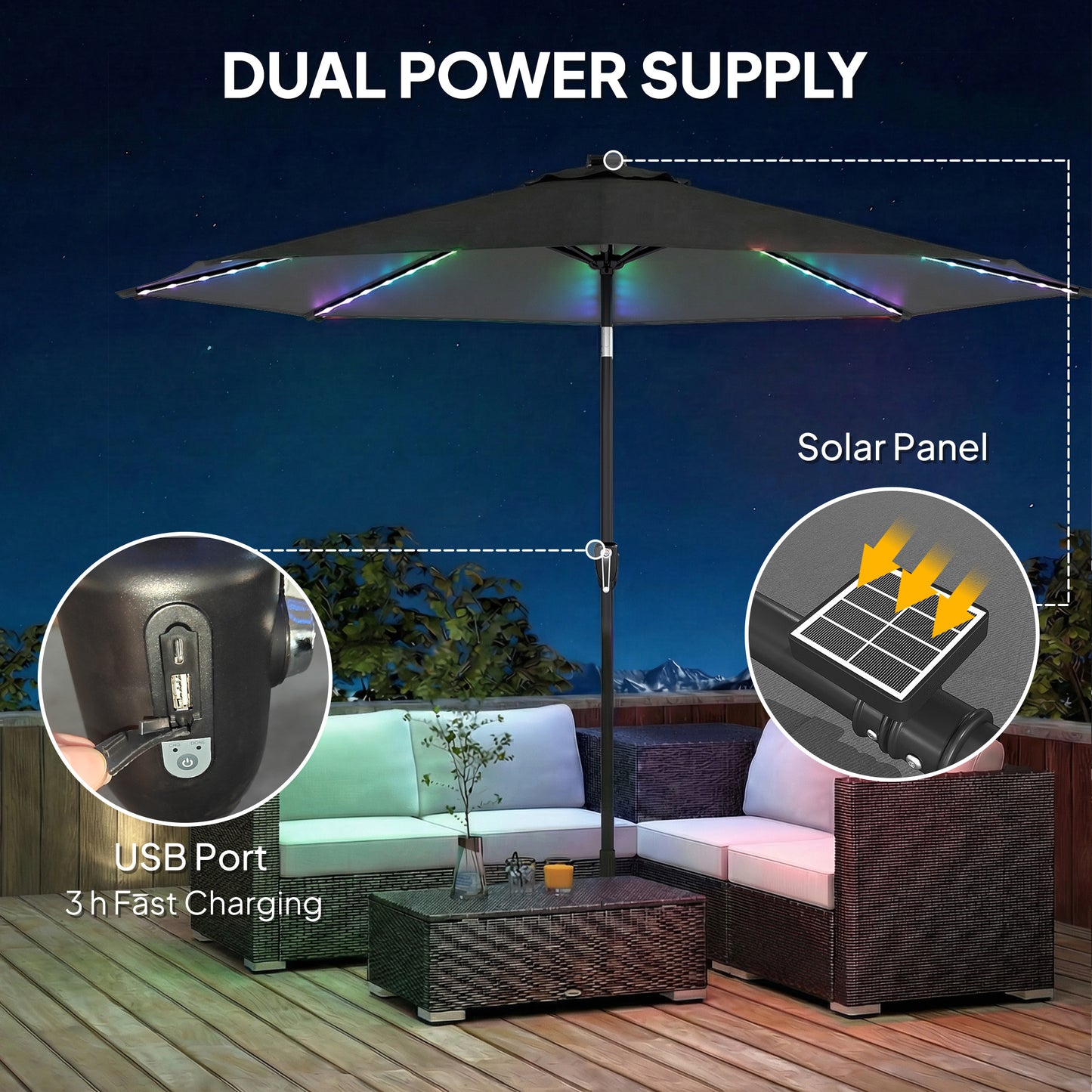 Outsunny 3 m Garden Parasol Umbrella with 112 Solar Powered LED Lights, Patio Umbrella with Crank Handle, Grey