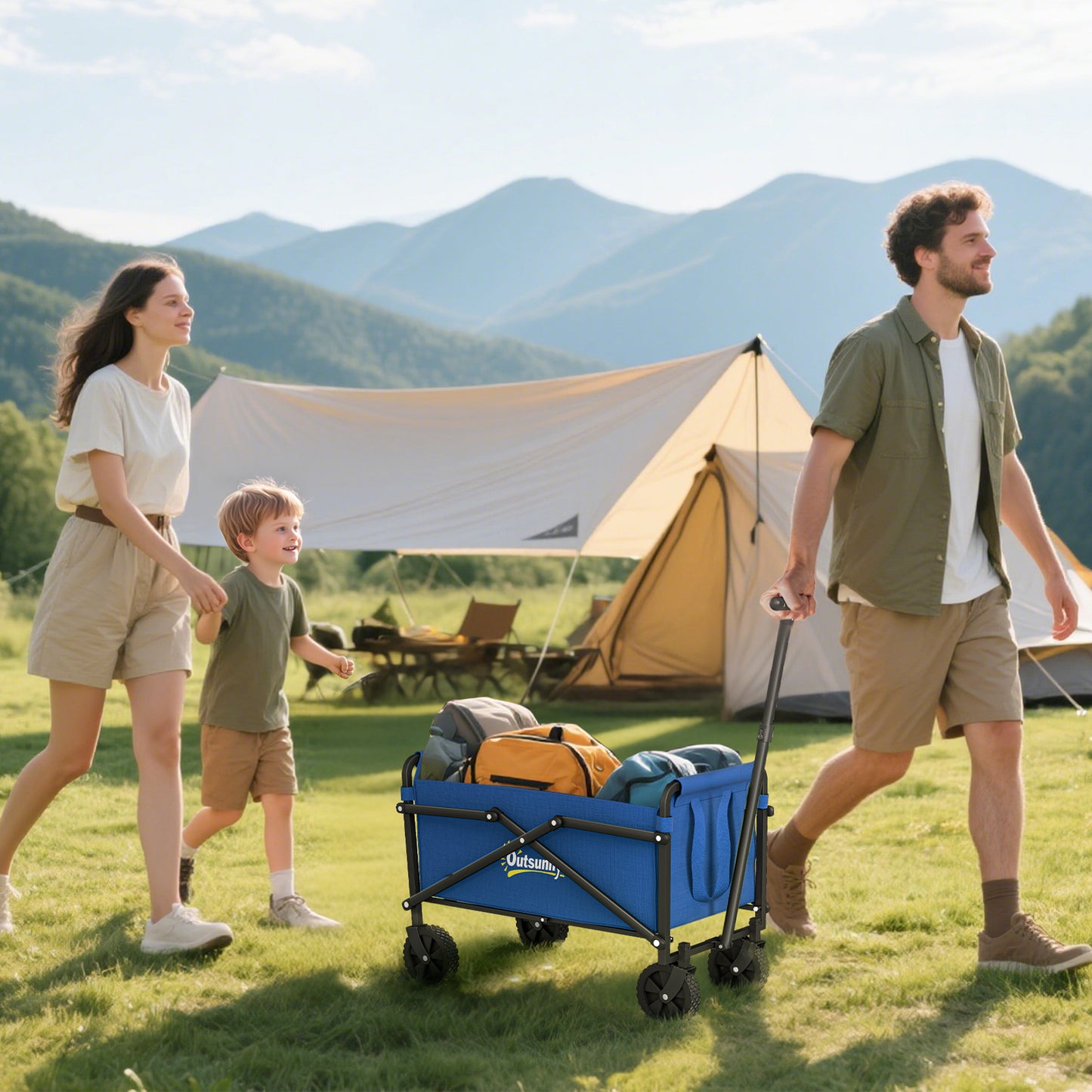 Outsunny 41L Festival Trolley on Wheels, Small Garden Folding Trolley Cart, 60kg Heavy Duty Collapsible Folding Wagon with Adjustable Handle and Carrying Bag for Beach, Camping, Festival, Blue