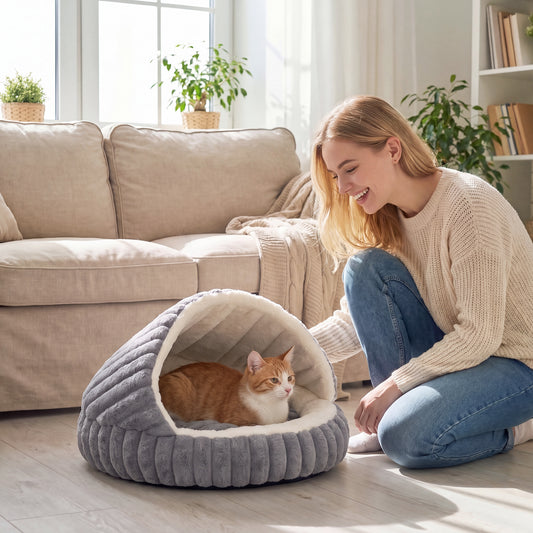 PawHut Cat Bed for Indoor Kittens, Cat Cave House with Non-Slip Bottom and Washable Cushion