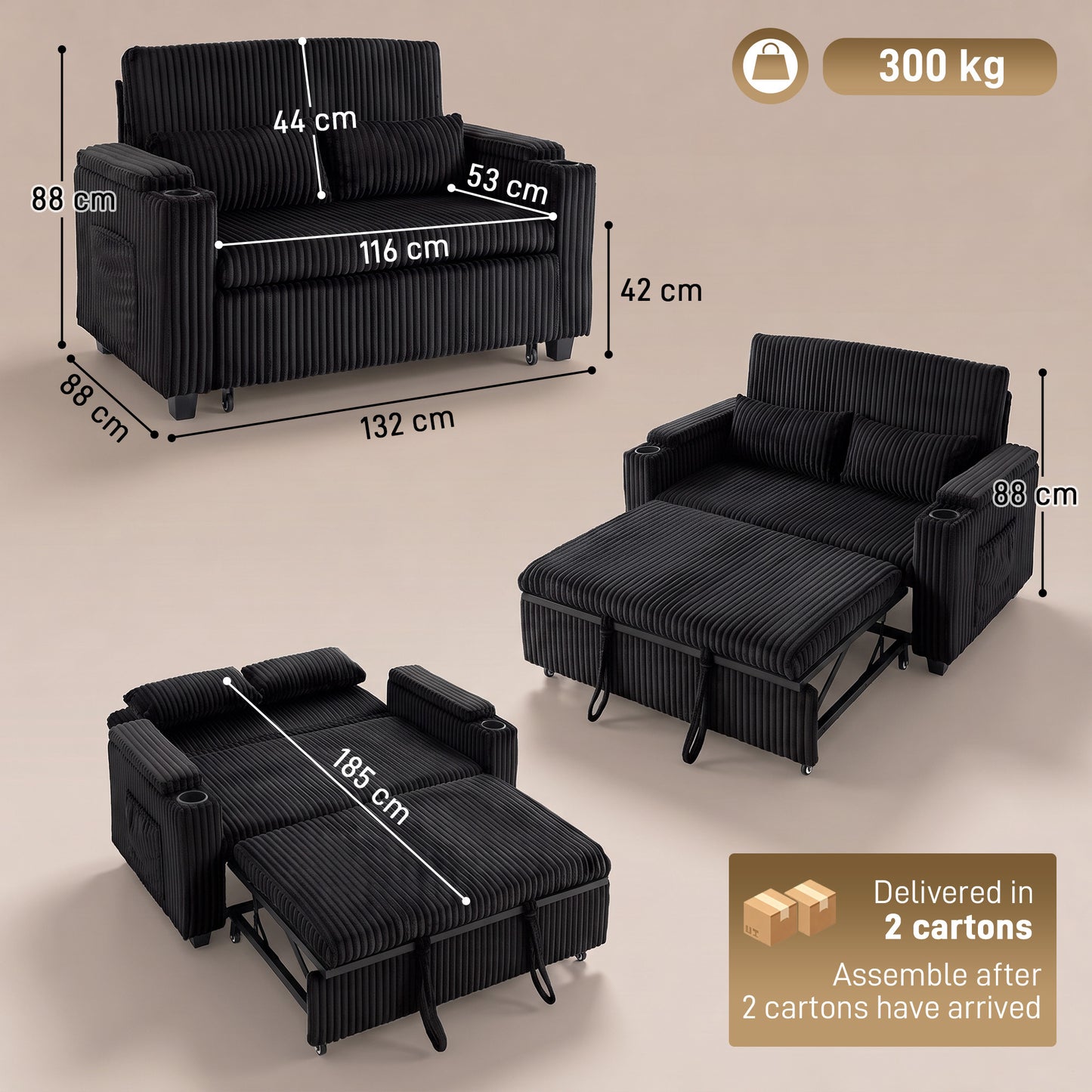 HOMCOM 2 Seater Sofa Bed, Pull Out Sleeper Sofa w/ Adjustable Backrest, Storage Armrests, Cup Holders, Side Pockets, Black