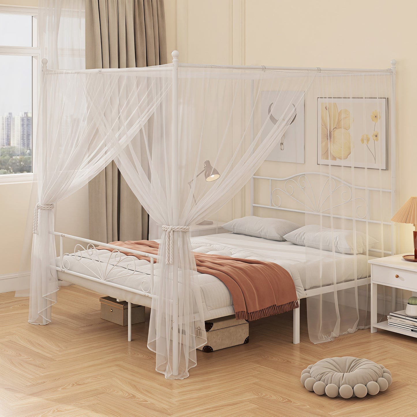 HOMCOM Canopy Bed Frame Double Size, Metal Platform Bed Frame with Headboard and Footboard, Underbed Storage, White