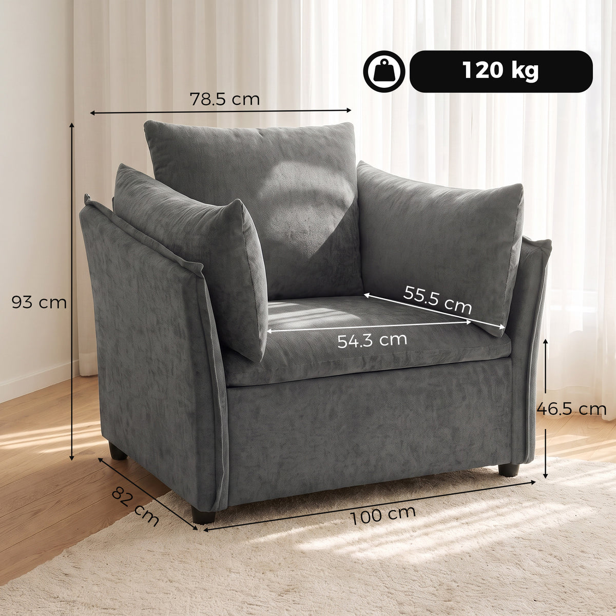 HOMCOM Modern Lounge Chair, Chenille Accent Chair with Armrest  Pillow, Thick Cushion, Deep Seat & Padded High Back, Dark Grey