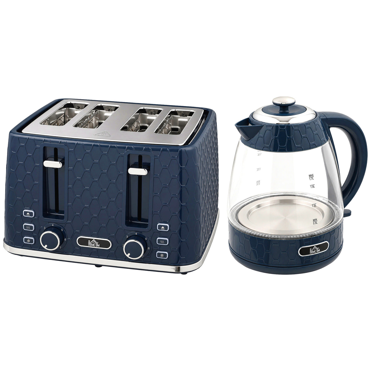 HOMCOM Kettle and Toaster Set, 1.7L 3000W Rapid Boil Jug Kettle with Limescale Filter, 4 Slice Toaster, Blue