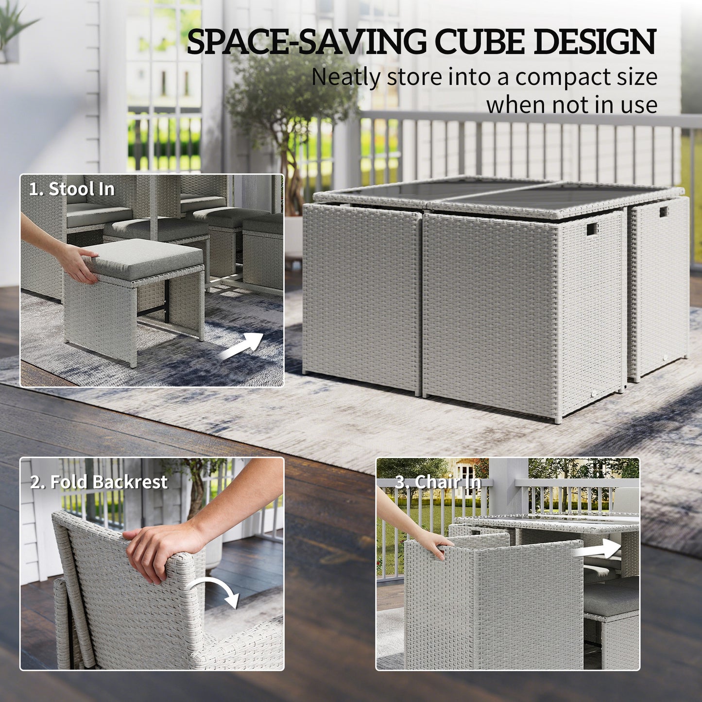 Outsunny 9 Piece Rattan Cube Garden Furniture Dining Set with Armchairs, Footstools and Glass-Top Table, Light Grey