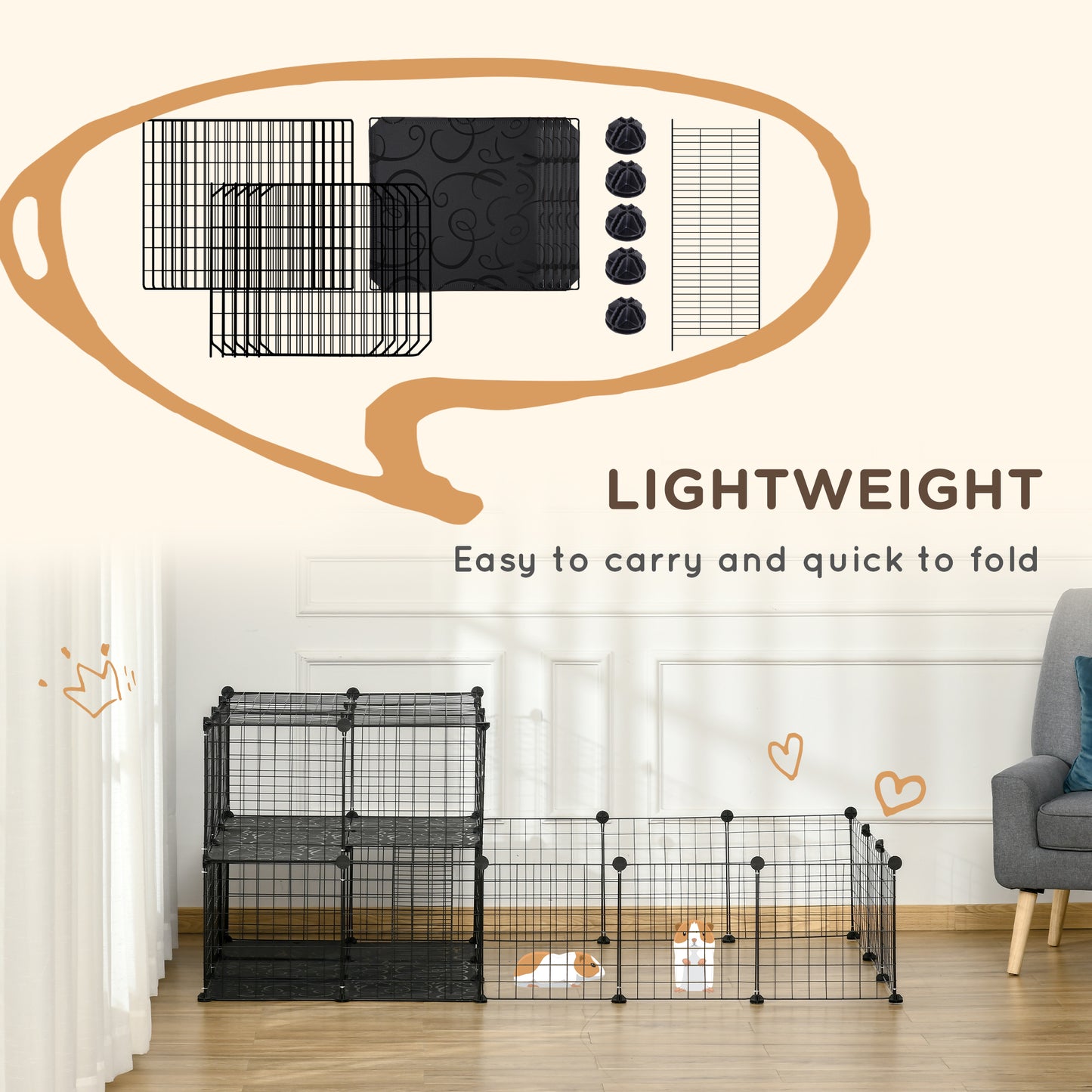 PawHut Pet Playpen with Door, Guinea Pigs Metal Mesh Cage for Small Animal, Chinchilla, 175 x 105 x 70 CM, Black