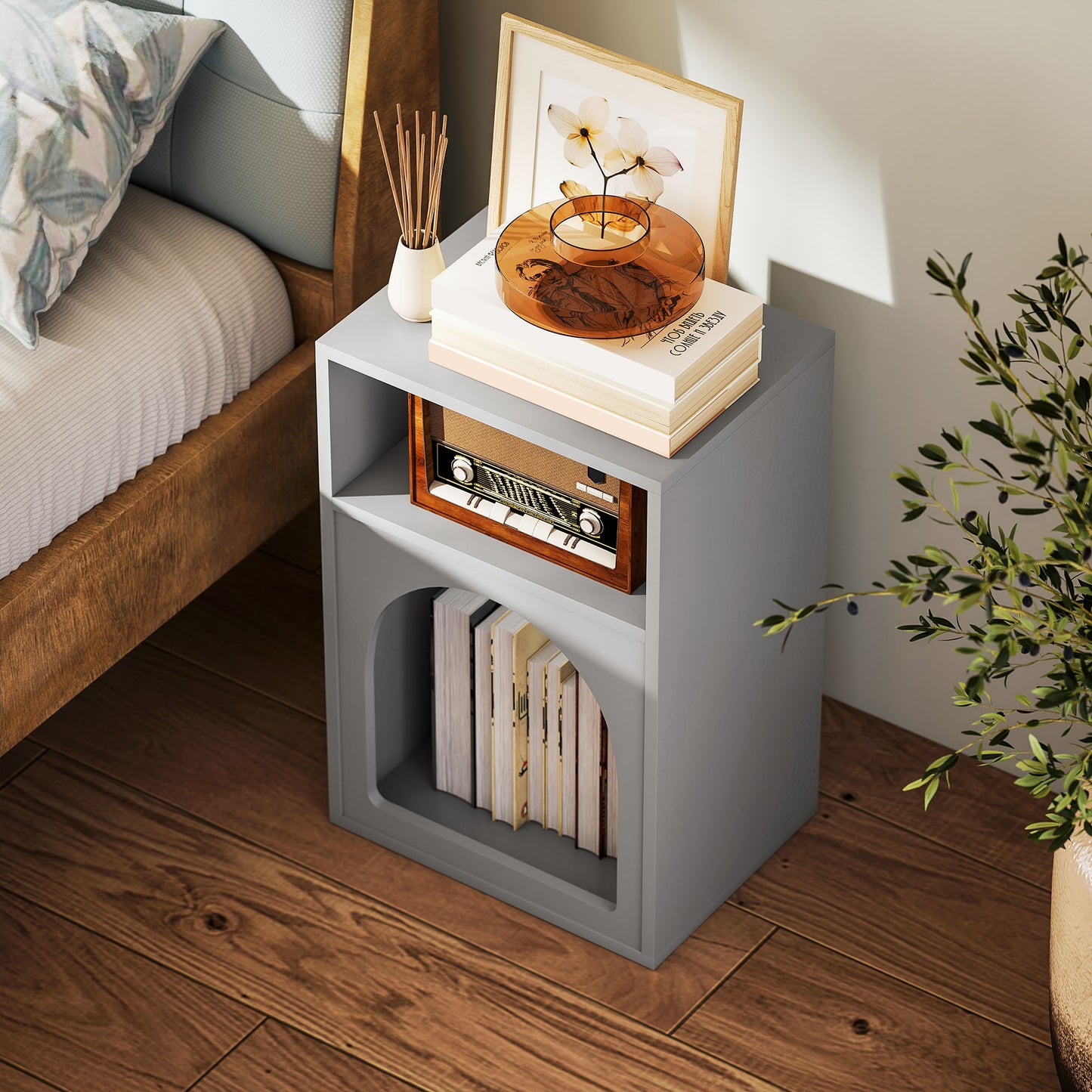 HOMCOM Bedside Table with 2 Open Compartments - Grey