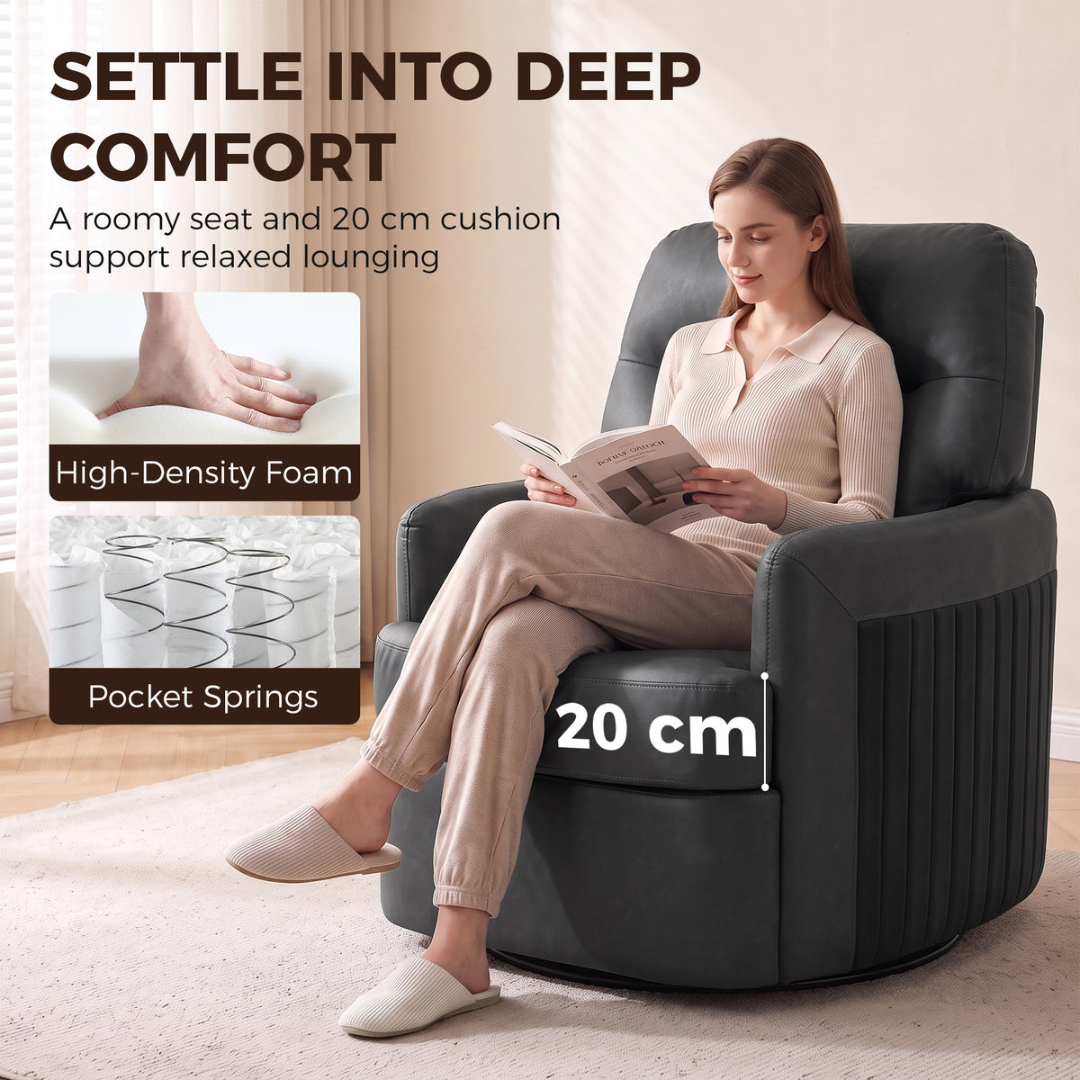 HOMCOM 360Â° Swivel Accent Chair, Modern Armchair with Thick Cushion, PU Leather Upholstered, Dark Grey