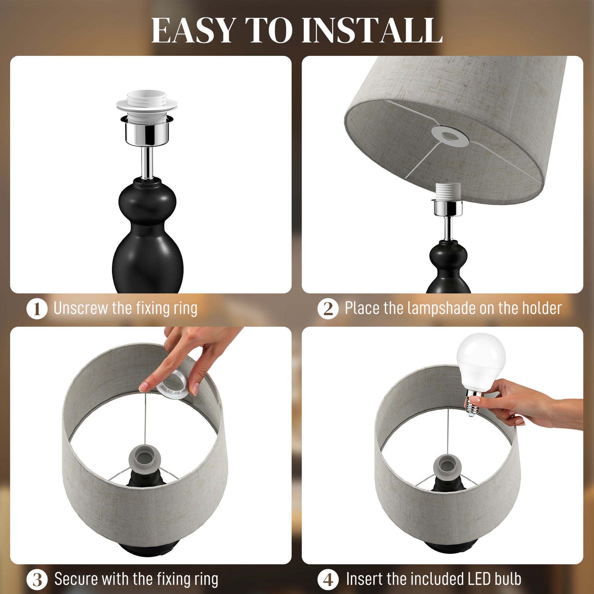 HOMCOM Set of Two Three-Colour Lamps, with USB Ports - Black/Beige