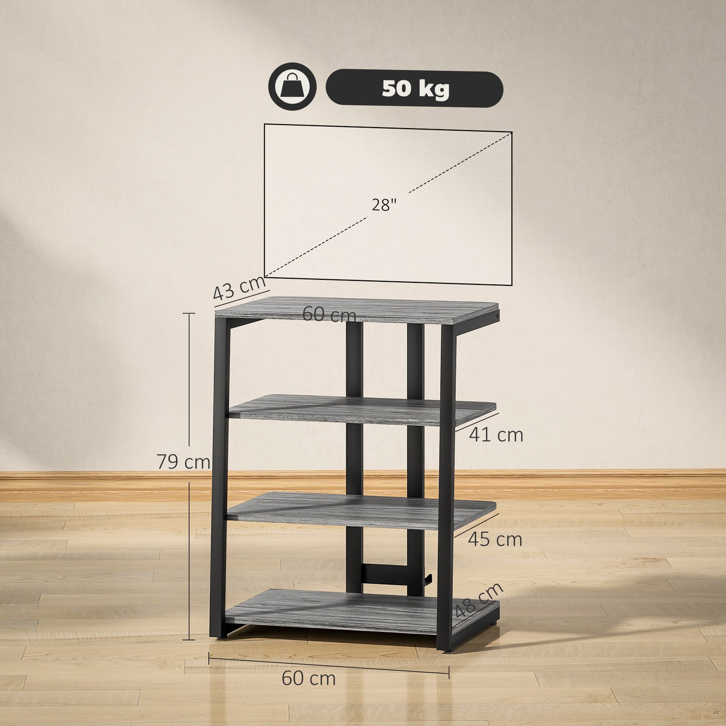 HOMCOM HiFi Stand, with Four Storage Shelves - Dark Grey