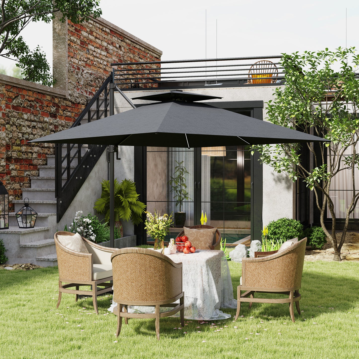 Outsunny 2.5m Cantilever Parasol with Solar Powered LED Lights, 360Â° Rotation, Tilt Adjustment, Crank Handle, Dark Grey