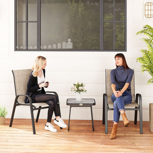 Outsunny 3 Pieces Outdoor Bistro Set, Patio Stackable Armchairs with Breathable Mesh Fabric and SPC Board Coffee Table, Brown