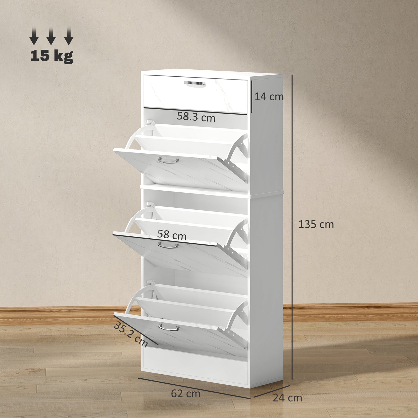 HOMCOM Marble Shoe Storage Cabinet with 3 Flip Drawers, Hallway Cabinet with Top Drawer and Adjustable Shelves, Shoe Cupboard for 18 Pairs, White