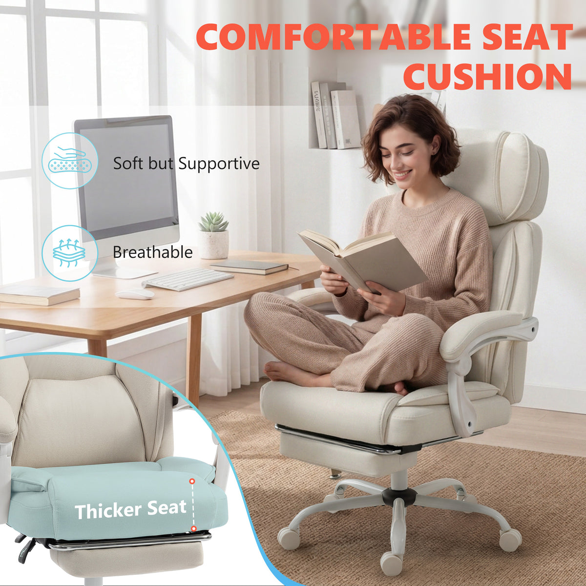 HOMCOM Office Chair with Massage, Heat, Adjustable Headrest, Leathaireâ€Œ Reclining Desk Chair with Footrest, Cream White