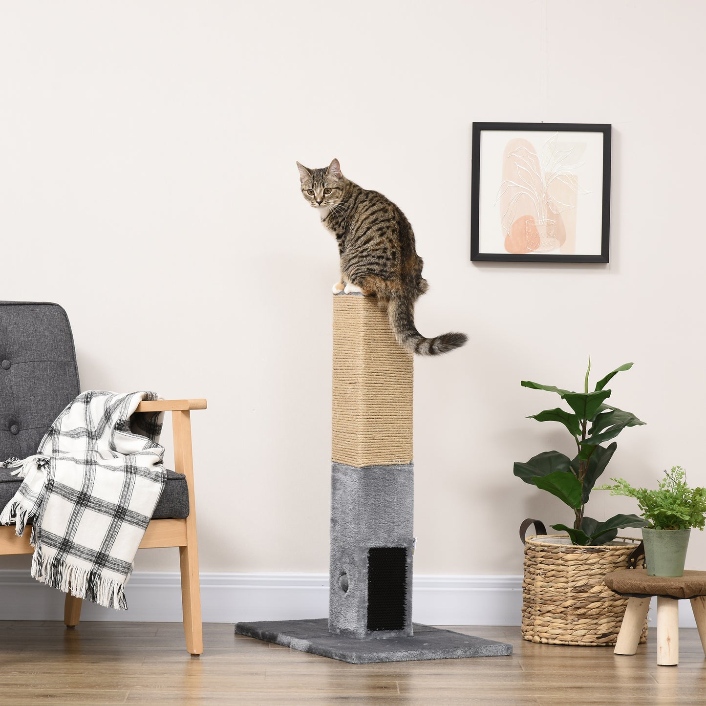 PawHut Cat Tree Scratching Post for Indoor Cats 79cm Jute Scratcher Climber w/ Carpet Base Dangling Toy â€“ Grey