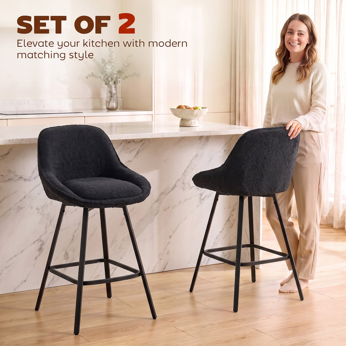 HOMCOM Bar Stools Set of 2, 64 cm Modern Linen-Touch Fabric 360Â° Swivel Counter Height Bar Chairs, Black
