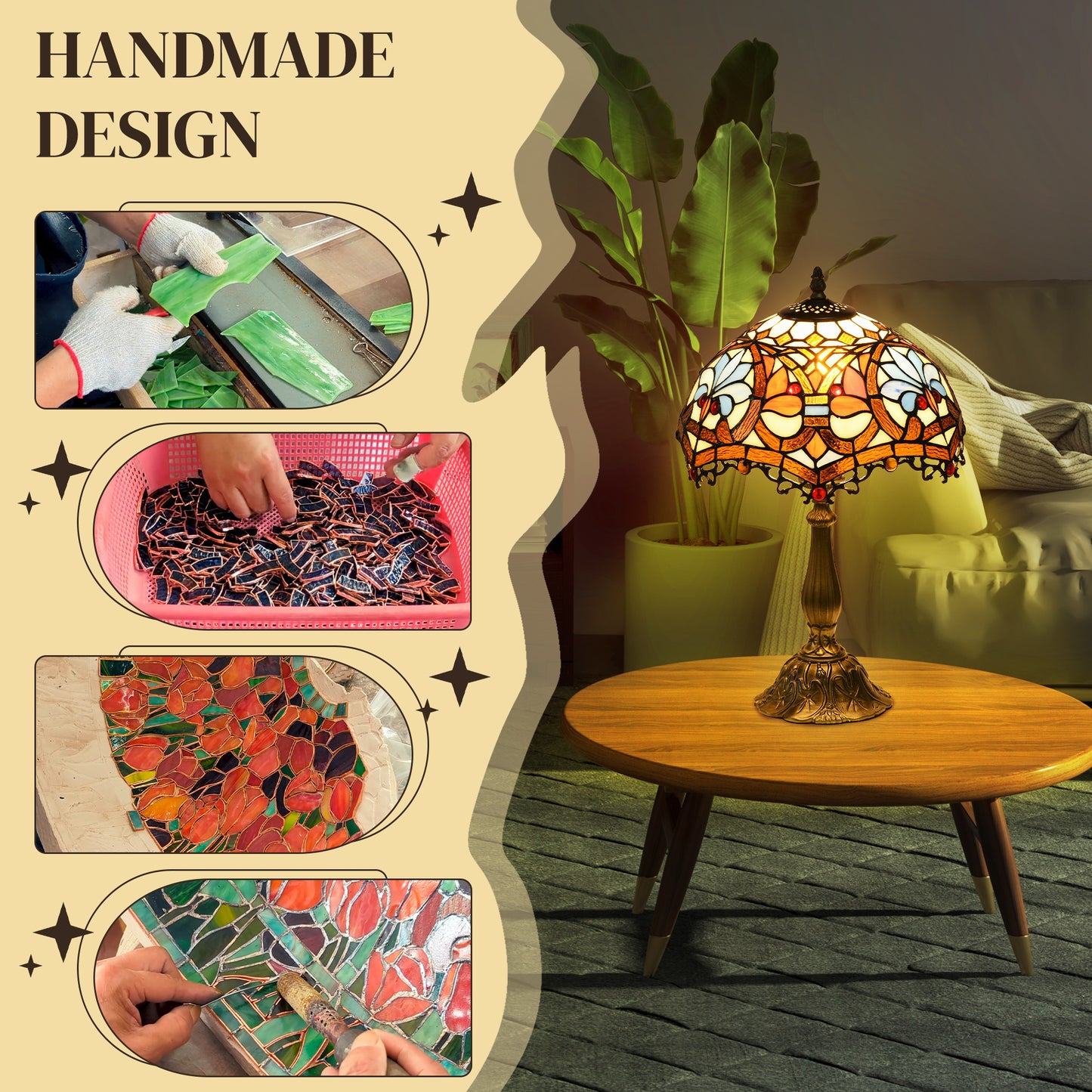 HOMCOM Stained Glass Table Lamp, Handcrafted Artisan Collectible, Suitable for Living Room and Bedside, Multi-Coloured, Ð¤30 x 48Hcm, Zinc Alloy.