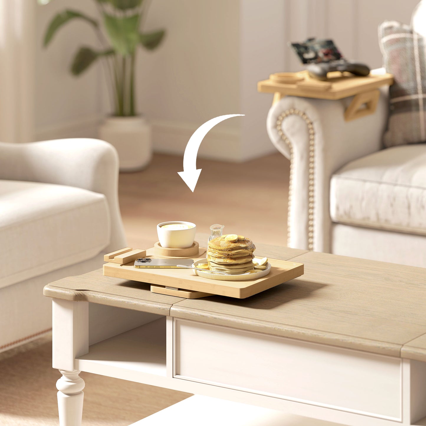 HOMCOM Anti-Slip Sofa Armrest Tray, Bamboo Sofa Arm Tray with 360Â° Phone Holder and Removable Cup Holder, Natural