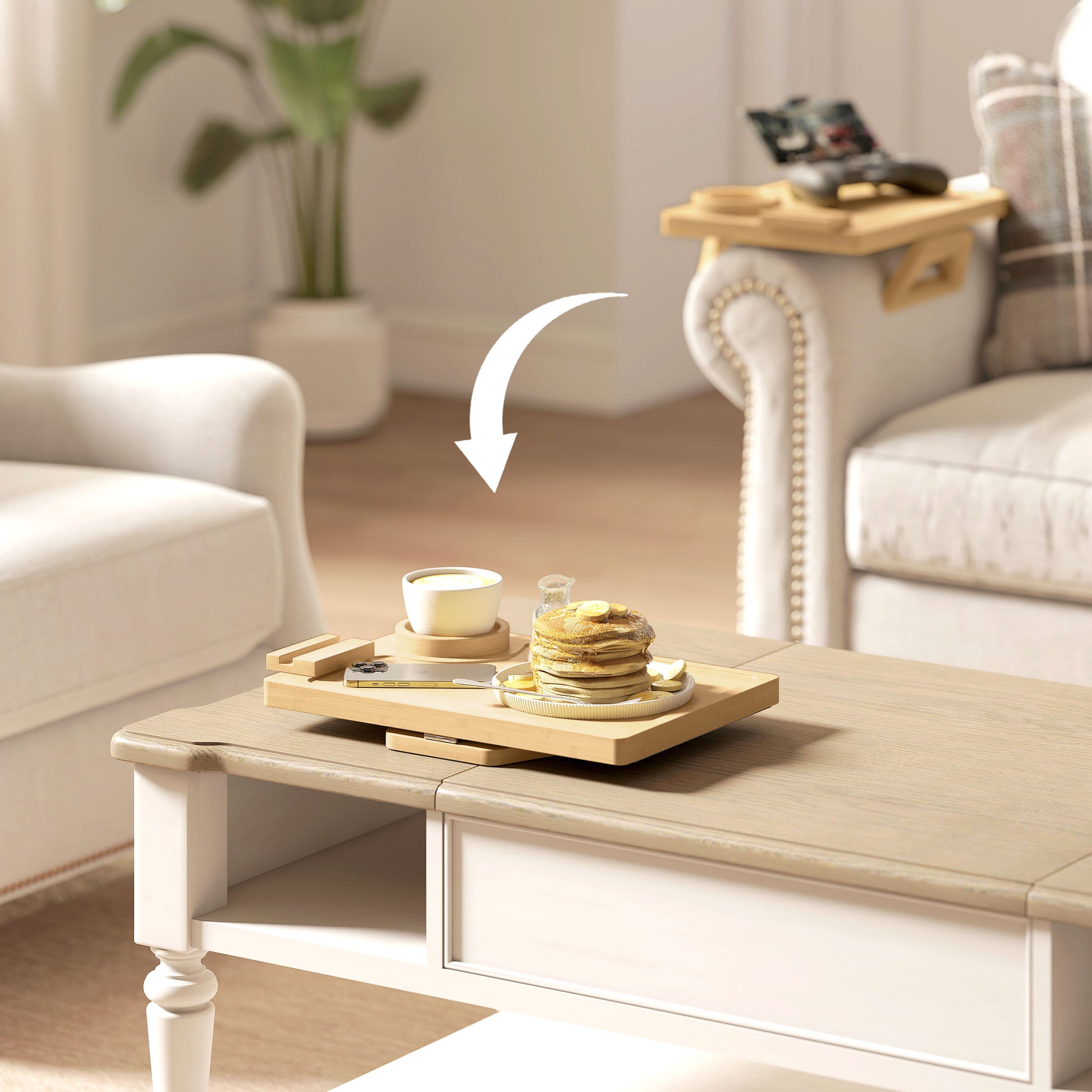 HOMCOM Anti-Slip Sofa Armrest Tray, Bamboo Sofa Arm Tray with 360Â° Phone Holder and Removable Cup Holder, Natural