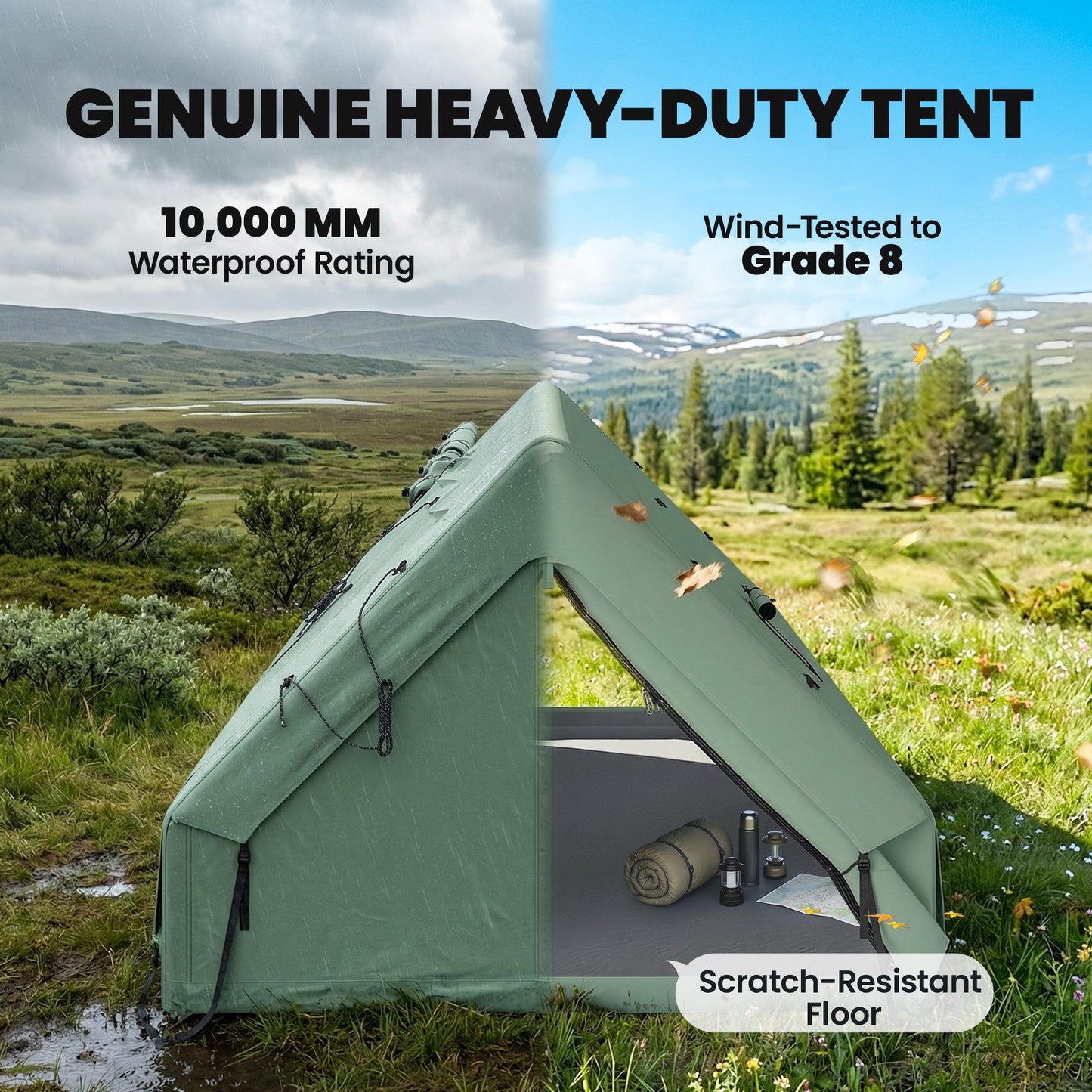 Outsunny Inflatable Camping Tent, 4 Season Hot Tent 10000mm Waterproof with Chimney Opening, Sky Light and Air Pump, Green