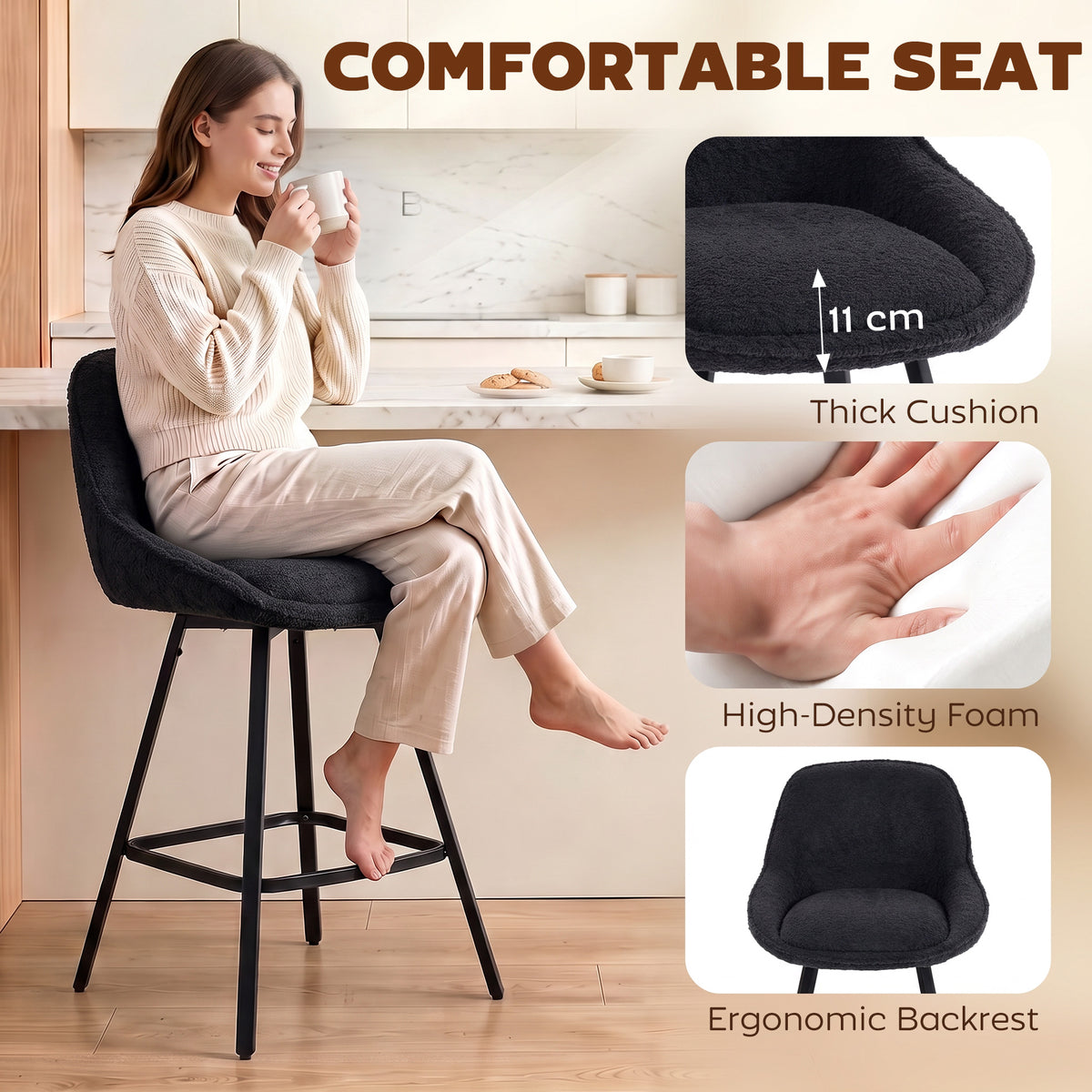 HOMCOM Bar Stools Set of 2, 64 cm Modern Linen-Touch Fabric 360Â° Swivel Counter Height Bar Chairs, Black