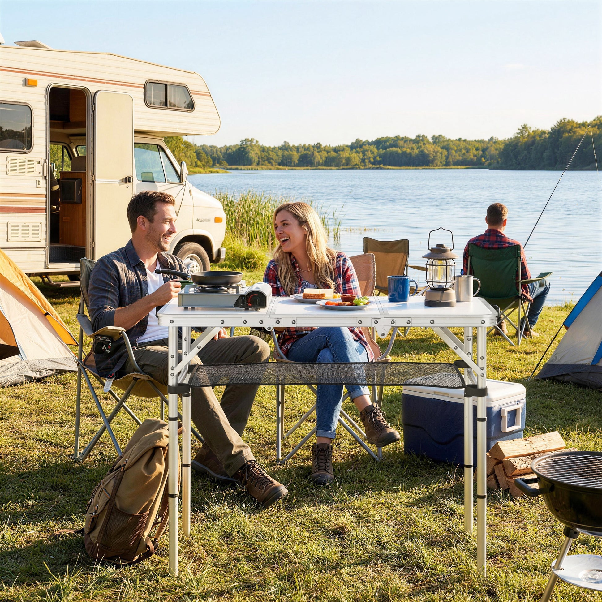 Outsunny 3ft Folding Camping Table, Picnic Table with Mesh Storage Layer, Carrying Bag and Metal Frame, Cream White