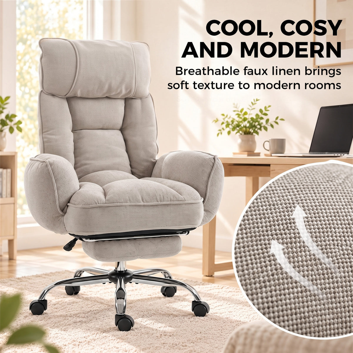 HOMCOM Executive Office Chair Height Adjustable Desk Chair Reclining Flip-up Armrest Footrest, Beige