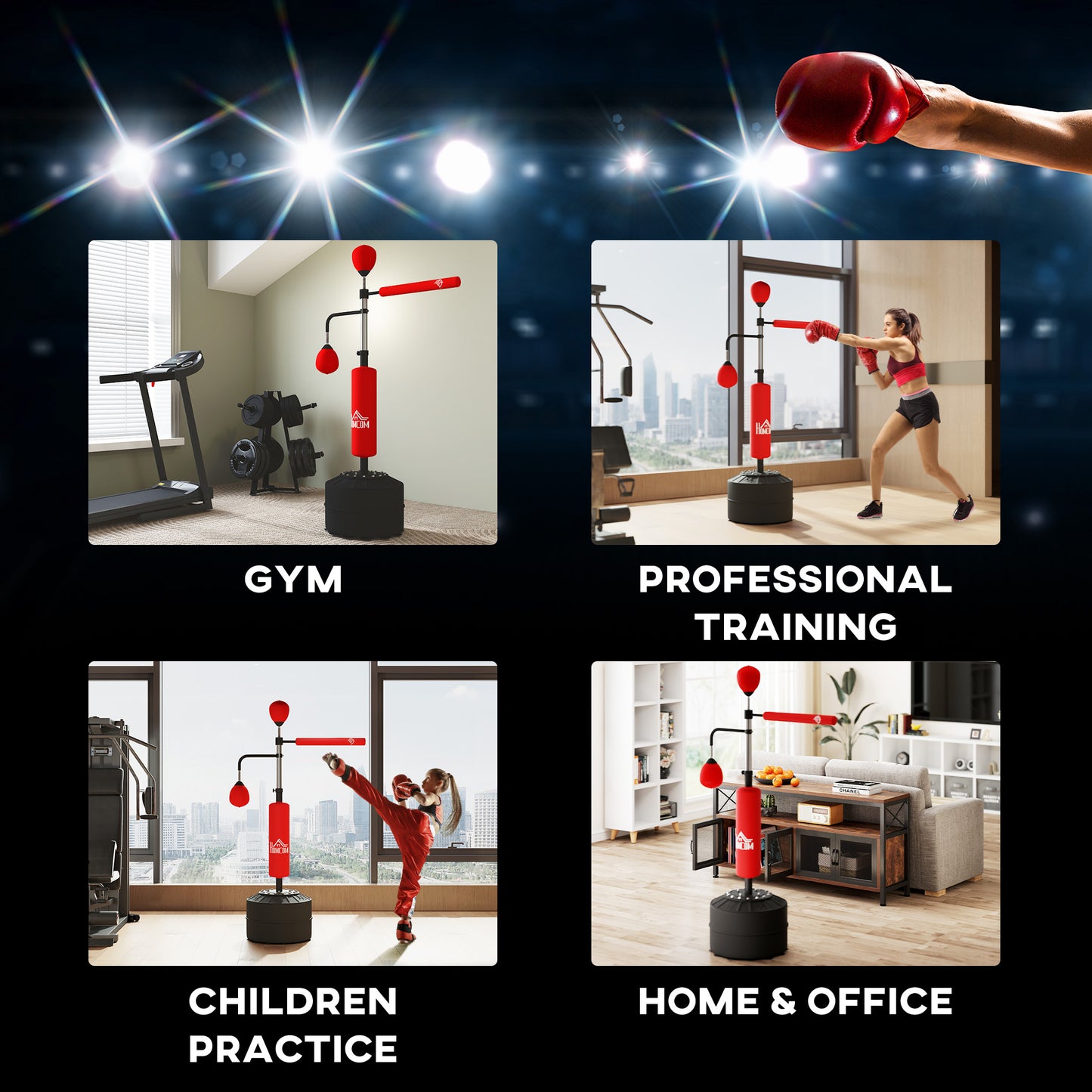 HOMCOM 4-in-1 Boxing Punching Bag, Freestanding with 2 Speed Bals, 360Â° Reflex Bar, 160-230cm Adjustable Height, Red