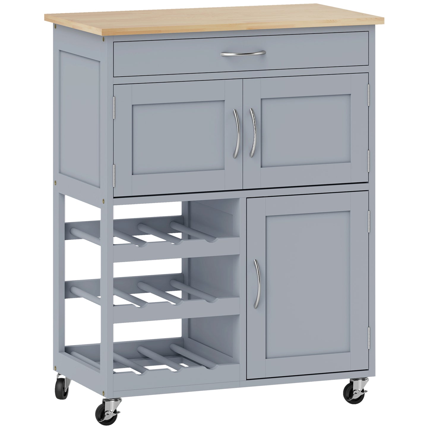 HOMCOM Modern Kitchen Trolley, Rolling Island Storage Cart with Drawer, 9-bottle Wine Rack, Door Cabinets, Wooden Countertop, Grey Default Title