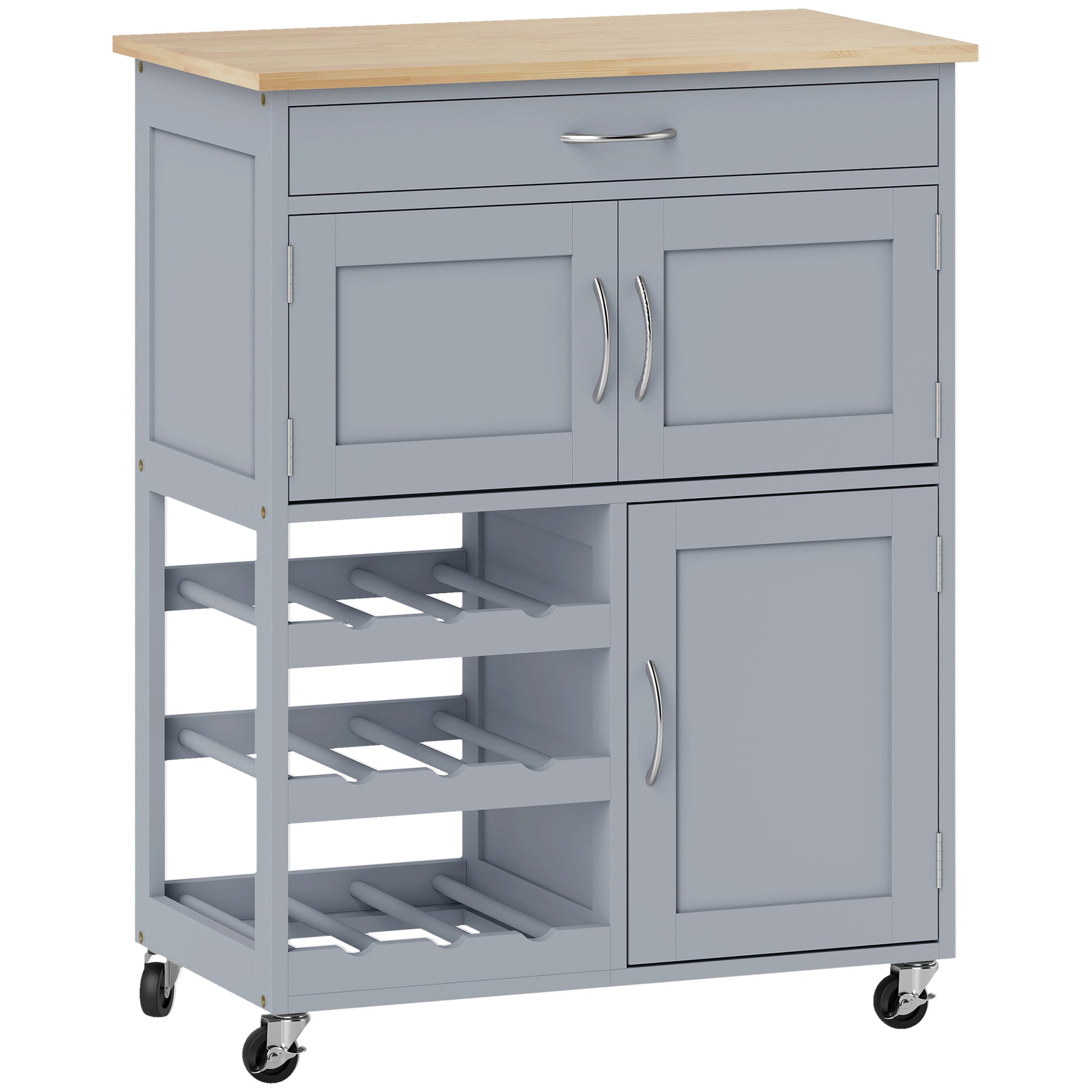 HOMCOM Modern Kitchen Trolley, Rolling Island Storage Cart with Drawer, 9-bottle Wine Rack, Door Cabinets, Wooden Countertop, Grey Default Title